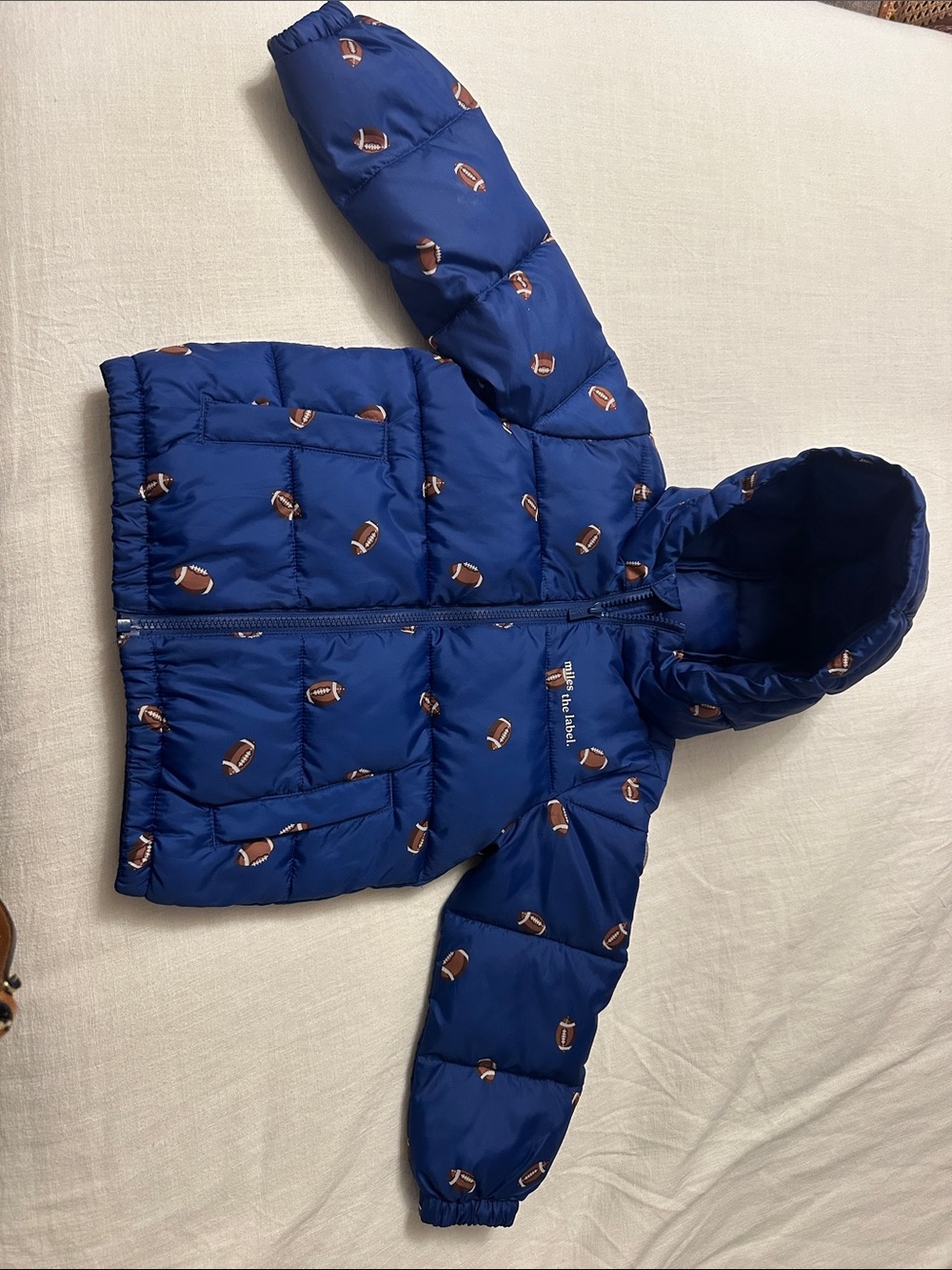 Navy Blue Hooded Puffer Jacket with Football Print - Unbranded